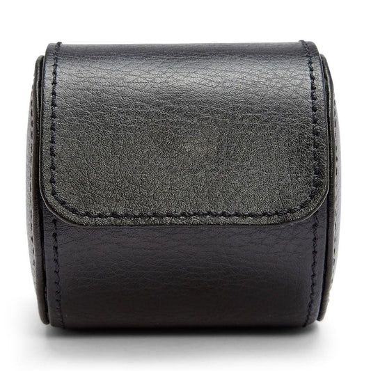 The WOLF 1834 British Racing Single Watch Roll by WOLF is a black vegan leather travel case with a flap cover, visible edge stitching, and a smooth finish, shown against a white background.