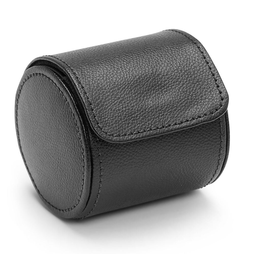 The WOLF 1834 British Racing Single Watch Roll by WOLF is a black cylindrical case with textured vegan leather and a flap closure, shown on a white background.