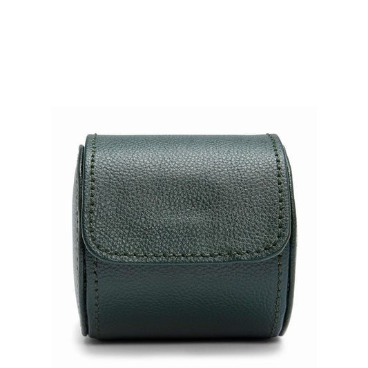 The WOLF 1834 British Racing Single Watch Roll by WOLF is a compact, dark green textured vegan leather pouch with a flap closure, showcased against a white background.