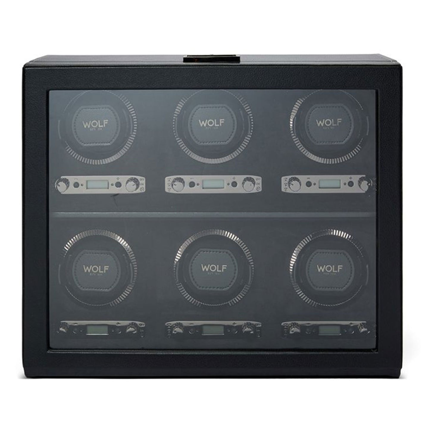 The WOLF 1834 British Racing 6PC Watch Winder features a black case with a transparent front, beautifully displaying six circular watch holders labeled "WOLF" in two rows. Ideal for classic timepieces, its sleek design reflects the elegance of British Racing and includes control panels below each holder.