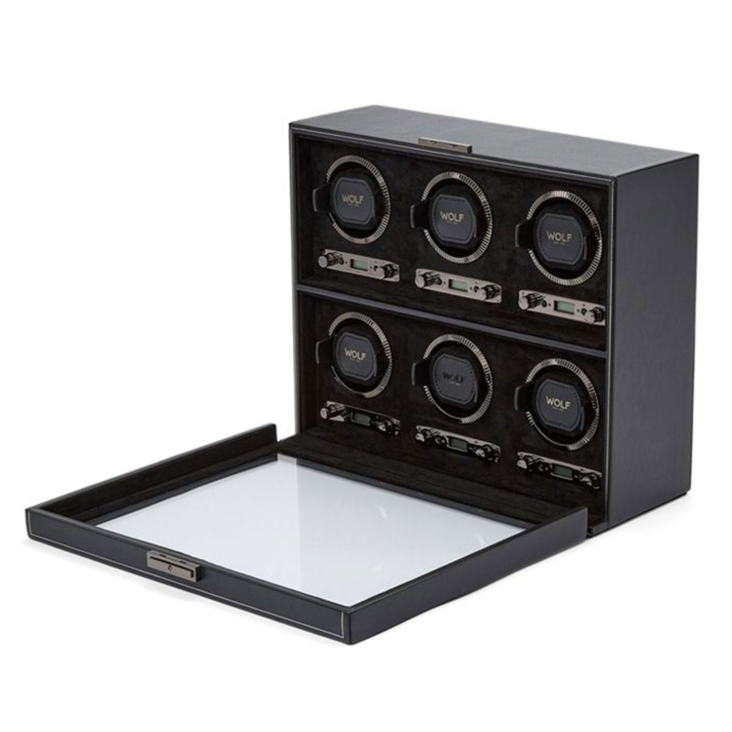 The WOLF 1834 British Racing 6PC Watch Winder is depicted open, showcasing six compartments perfect for classic watches. Each compartment includes a circular holder with the brand name "WOLF" elegantly printed on it. The lid is slightly ajar, revealing a clear glass panel that exudes British Racing elegance.