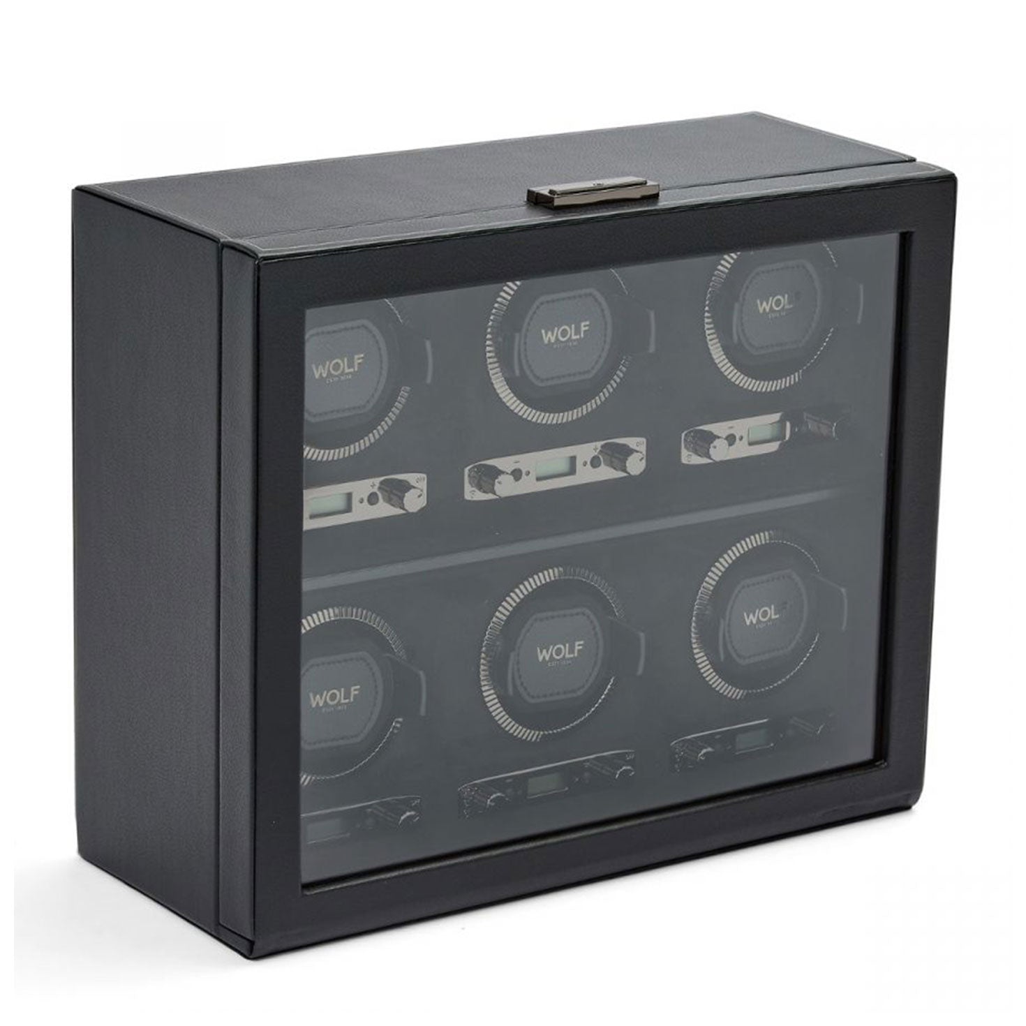 The WOLF 1834 British Racing 6PC Watch Winder, a stylish black leather box with a transparent front display, features six slots. Each slot includes a circular watch holder labeled with the brand name "WOLF," ideal for storing and displaying your classic timepieces with an essence of British Racing sophistication.