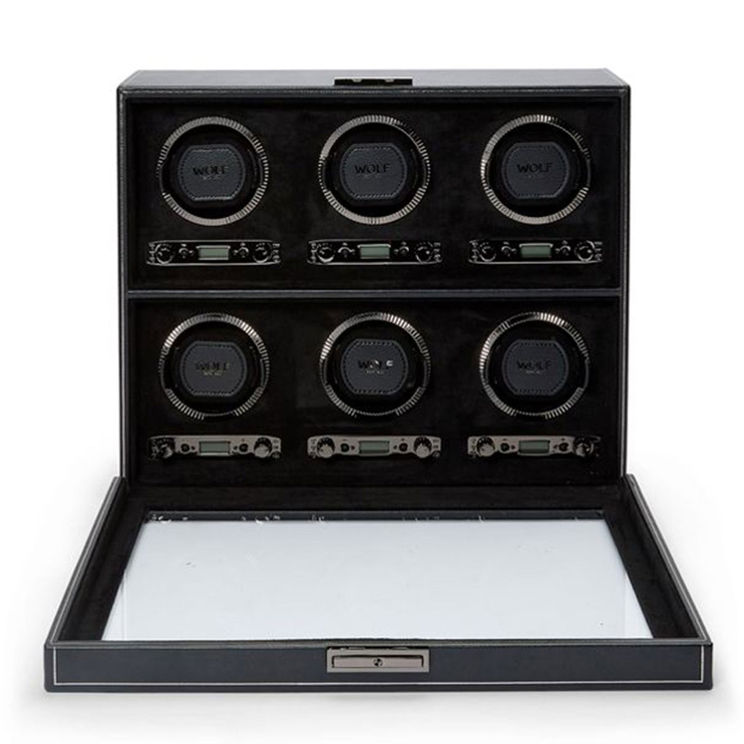 The WOLF 1834 British Racing 6PC Watch Winder, crafted by WOLF, is displayed with its lid open to unveil the sophisticated and modern interior design. The open black leather box accommodates six classic watches while exuding British Racing elegance.