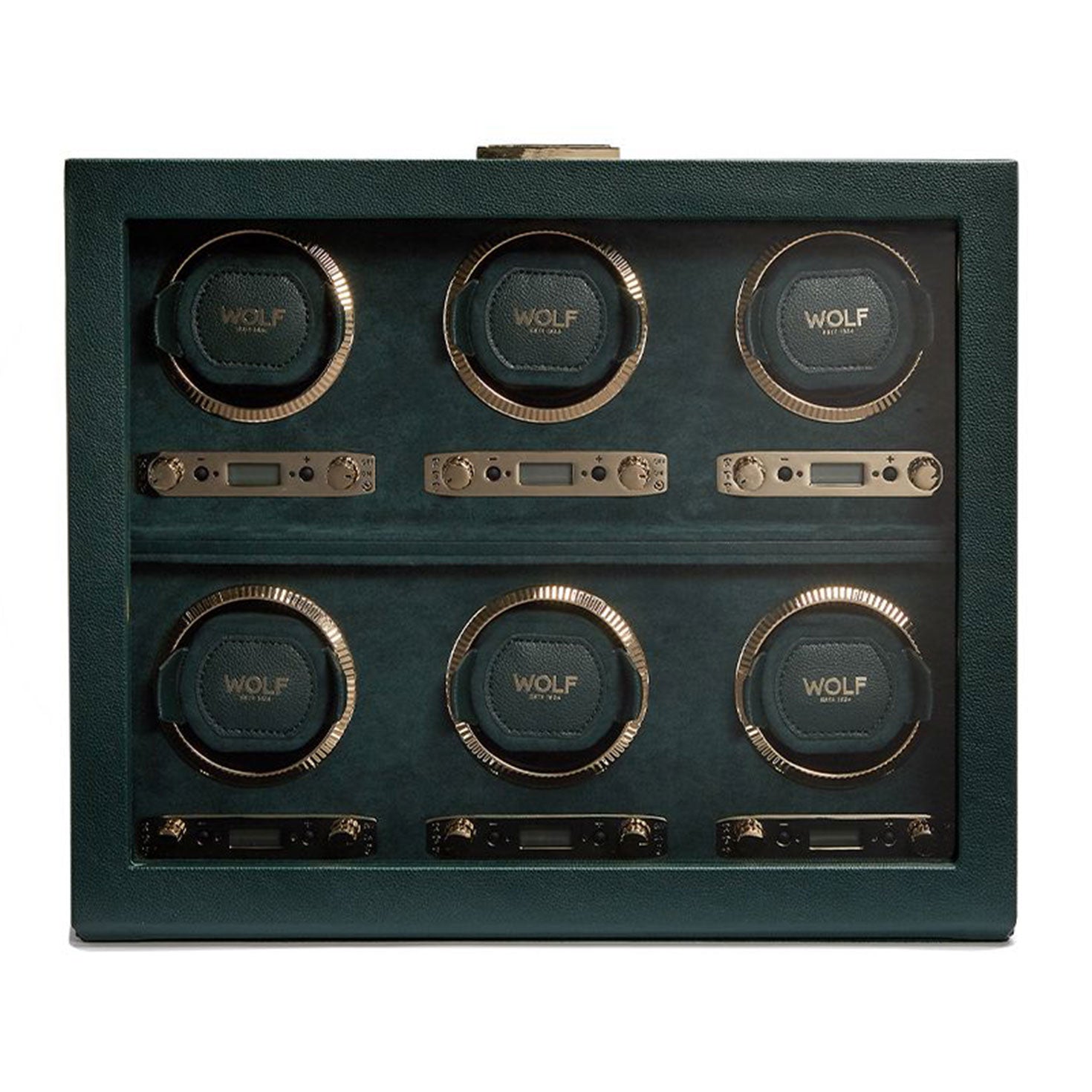 The WOLF 1834 British Racing 6PC Watch Winder is a classic design featuring six slots, each with a circular cushion inscribed with "WOLF." The interior matches the British Racing Green leather exterior, while gold hardware adds a touch of sophistication for adjustments.