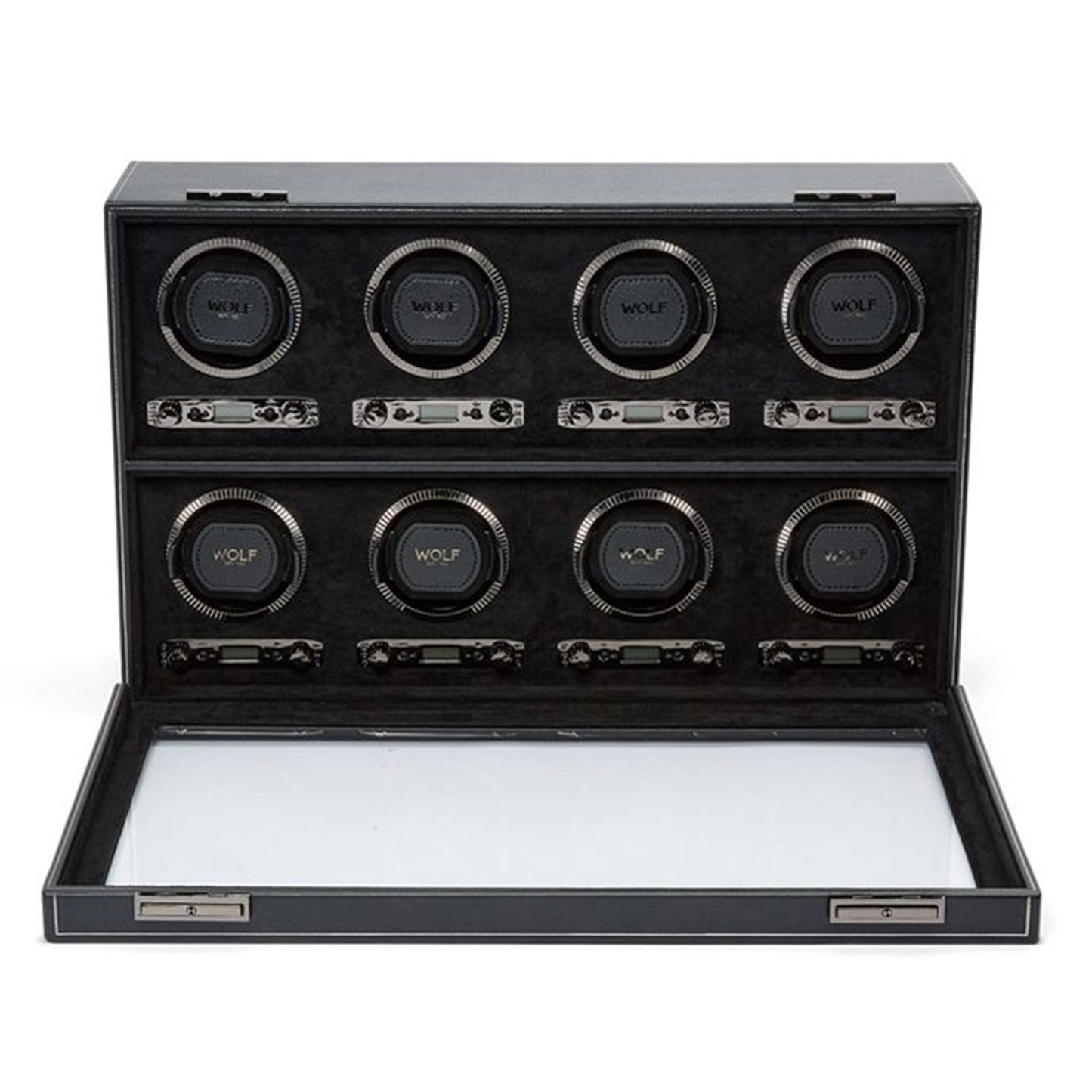 The WOLF 1834 British Racing 8PC Watch Winder, crafted by the renowned brand WOLF, is a sleek black leather box with an open lid that elegantly showcases eight individual winding slots, each adorned with a silver trim. Inside, the plush interior and clear glass cover provide both visibility and protection. The design reflects the timeless sophistication of British Racing heritage.