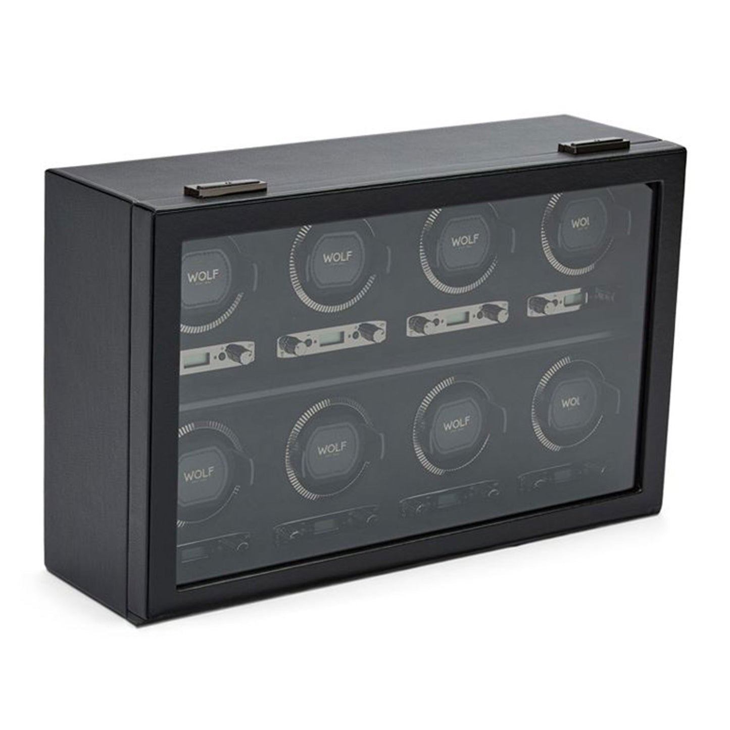 Introducing the WOLF 1834 British Racing 8PC Watch Winder: a sophisticated black watch winder box with a transparent glass front that elegantly displays eight slots for watches. Each slot features a visible winding mechanism, combining sleek modern design with timeless elegance inspired by British Racing style.