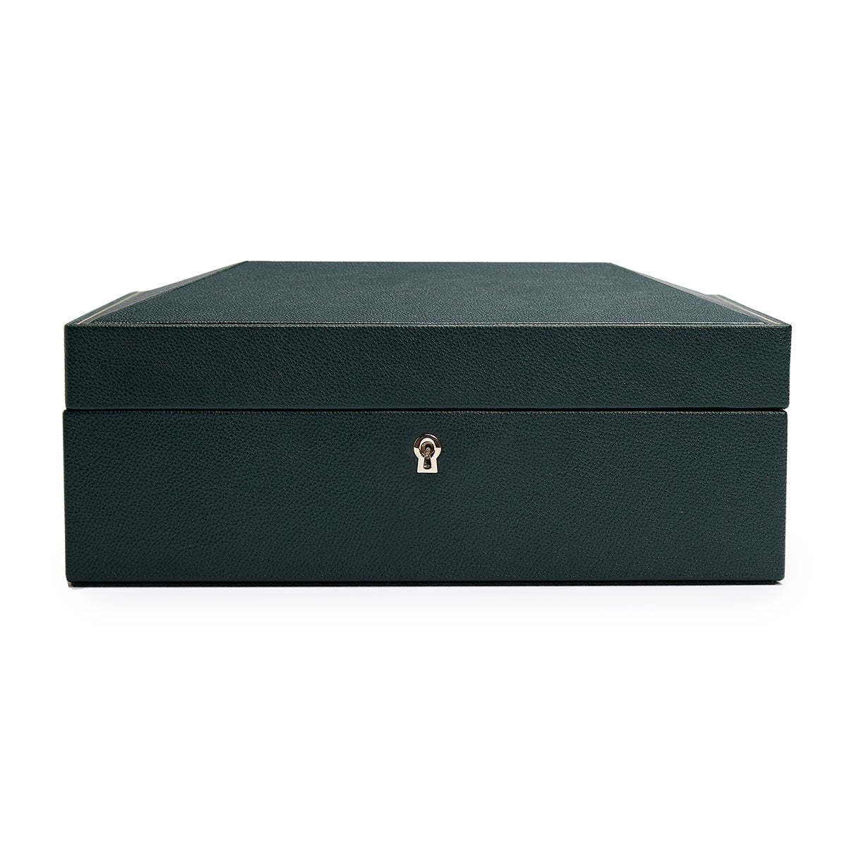 The WOLF 1834 British Racing Green 8 Piece Watch Box features a secure keyhole on its front and is crafted from textured vegan leather. Its closed, dark green design sits gracefully against a plain white background, making it an ideal choice for those who appreciate elegance with an eco-friendly twist.