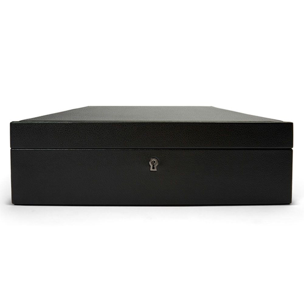 The WOLF 1834 British Racing 10 Piece Watch Box, by WOLF, is a black rectangular box made from vegan leather. It features a textured surface and a lid with a small keyhole at the front center. Ideal for watch storage or organizing smartwatch USB ports, it is captured elegantly against a plain white background.