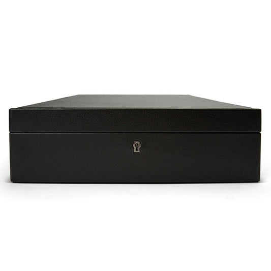 The WOLF 1834 British Racing 10 Piece Watch Box, by WOLF, is a black rectangular box made from vegan leather. It features a textured surface and a lid with a small keyhole at the front center. Ideal for watch storage or organizing smartwatch USB ports, it is captured elegantly against a plain white background.