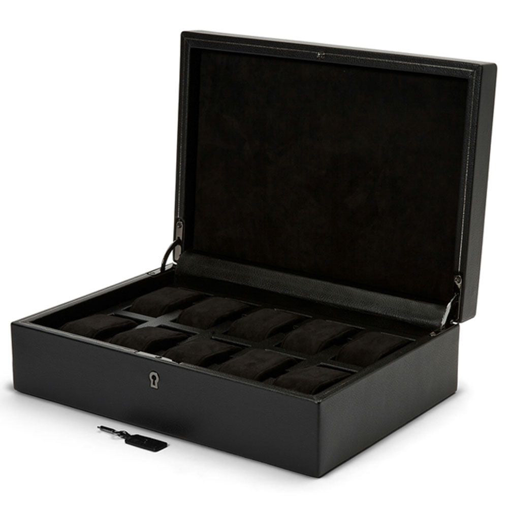 The WOLF 1834 British Racing 10 Piece Watch Box by WOLF is an open black vegan leather watch box with a velvet interior that accommodates multiple watches. It includes a secure front lock and key for enhanced protection, making it an ideal storage solution for your watch collection.