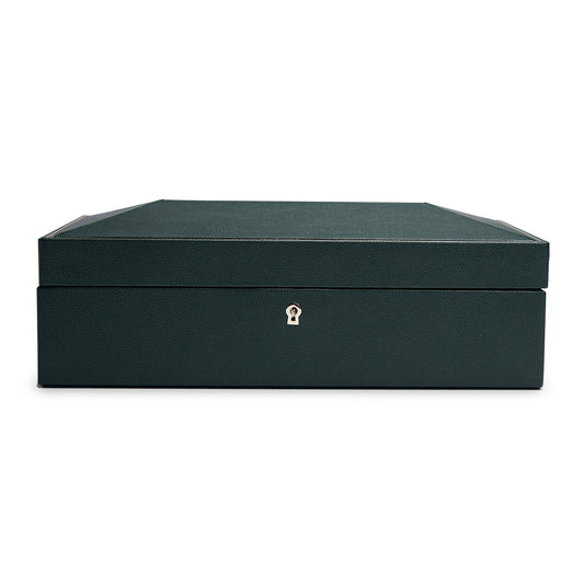 The WOLF 1834 British Racing 10 Piece Watch Box by WOLF showcases a rectangular design in dark green vegan leather with a textured finish and a keyhole at the front. The closed box is elegantly displayed against a simple white background.
