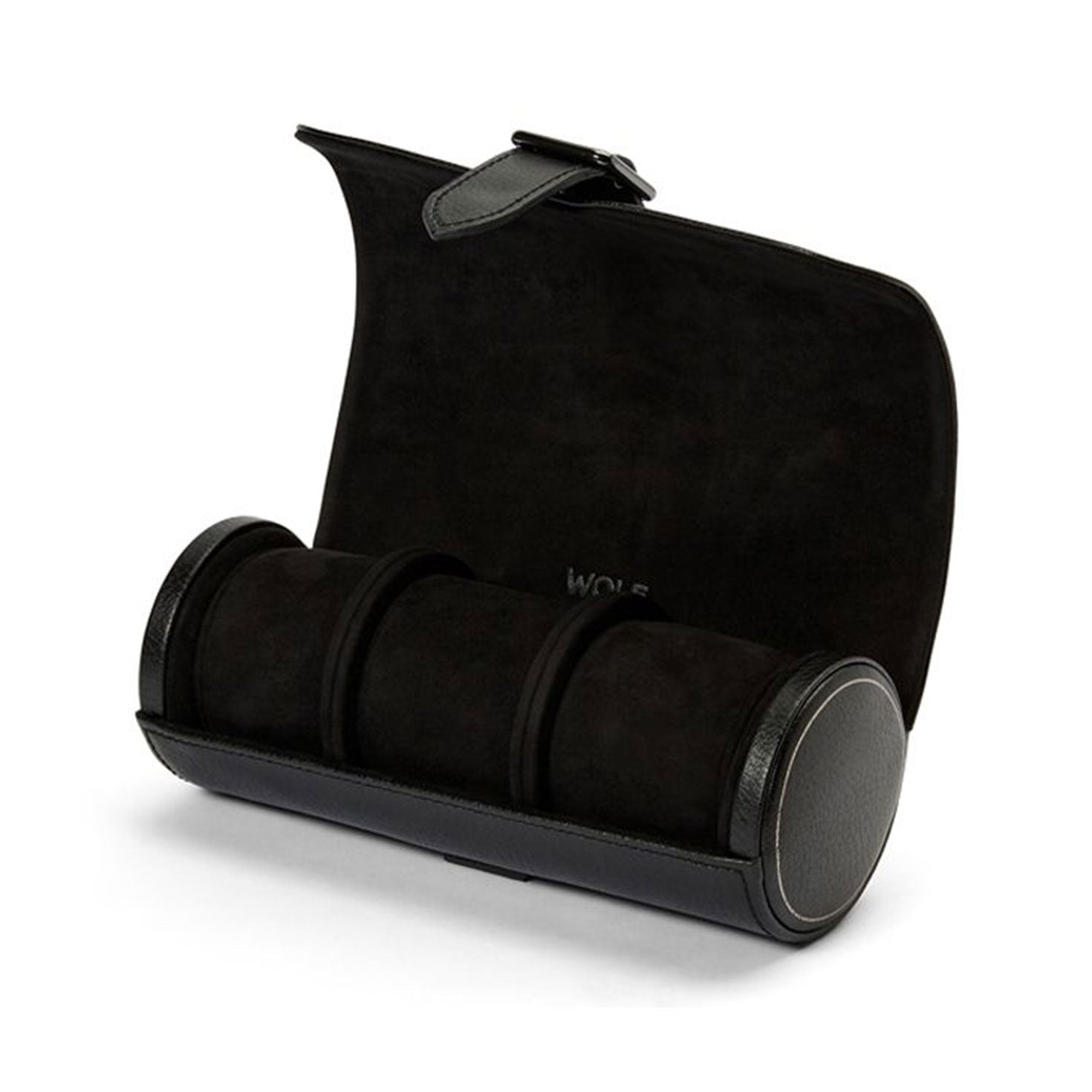 The WOLF 1834 British Racing Triple Watch Rolls by WOLF showcases a black design with a soft, suede-like interior offering three compartments for watches. It includes a top flap that secures tightly, making it an excellent jewelry capsule for travel and protection.