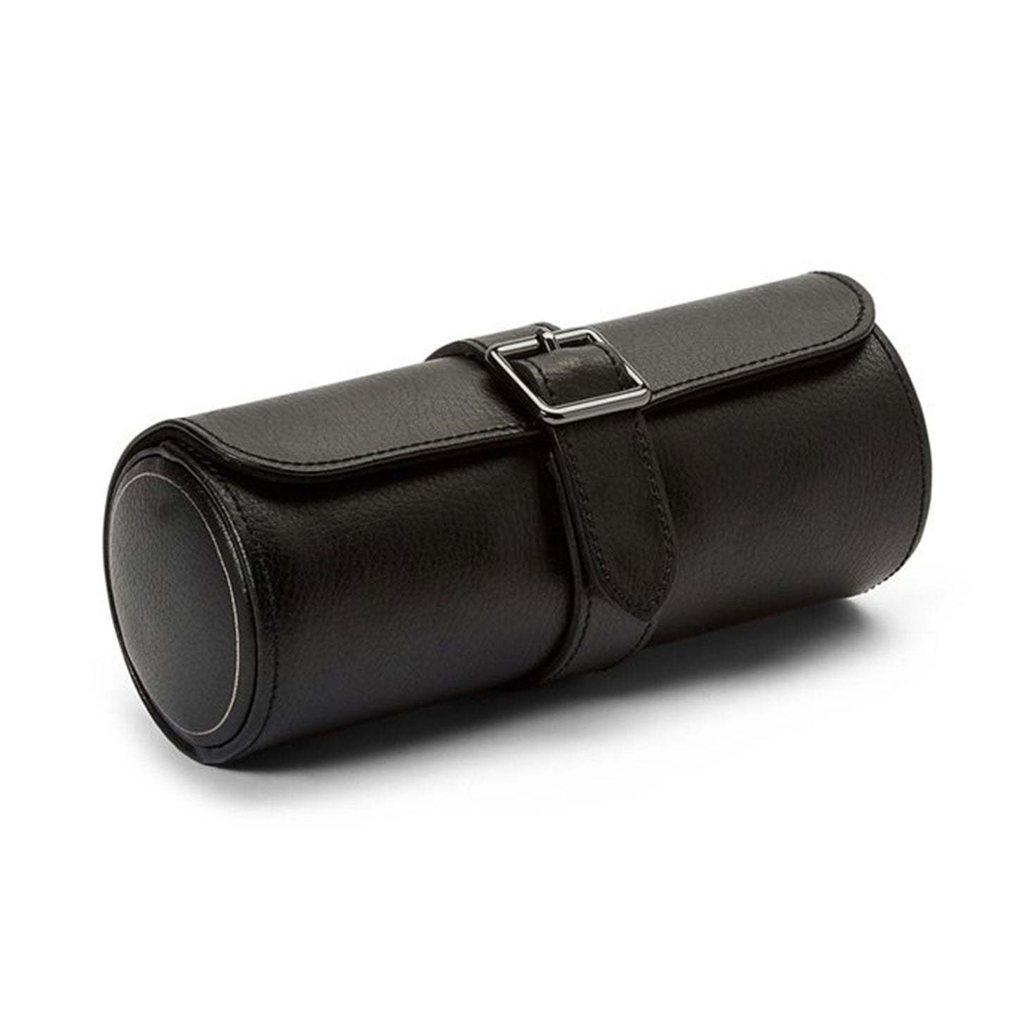 Introducing the WOLF 1834 British Racing Triple Watch Rolls: This sophisticated black leather accessory, featuring a secure buckle strap, is designed for storing and protecting up to three watches. Its cylindrical shape offers compact storage, making it an ideal choice for a stylish jewelry capsule.