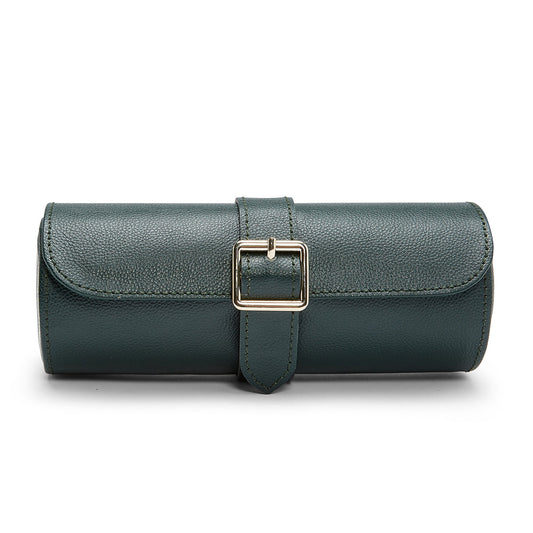 The WOLF 1834 British Racing Triple Watch Roll, crafted from genuine dark green leather, offers a smooth texture and features a secured strap with a gold buckle at its center, making it ideal for use as a discreet hidden jewelry capsule.