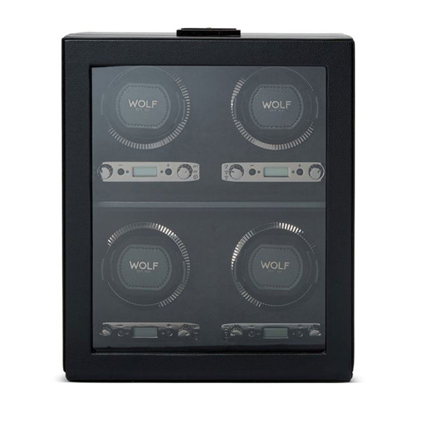 Introducing the WOLF 1834 British Racing 4PC Watch Winder, a classic black display case designed by WOLF with four compartments, each featuring a circular mechanism to wind your watches. Its glass front elegantly showcases intricate details that capture the essence of British Racing sophistication.