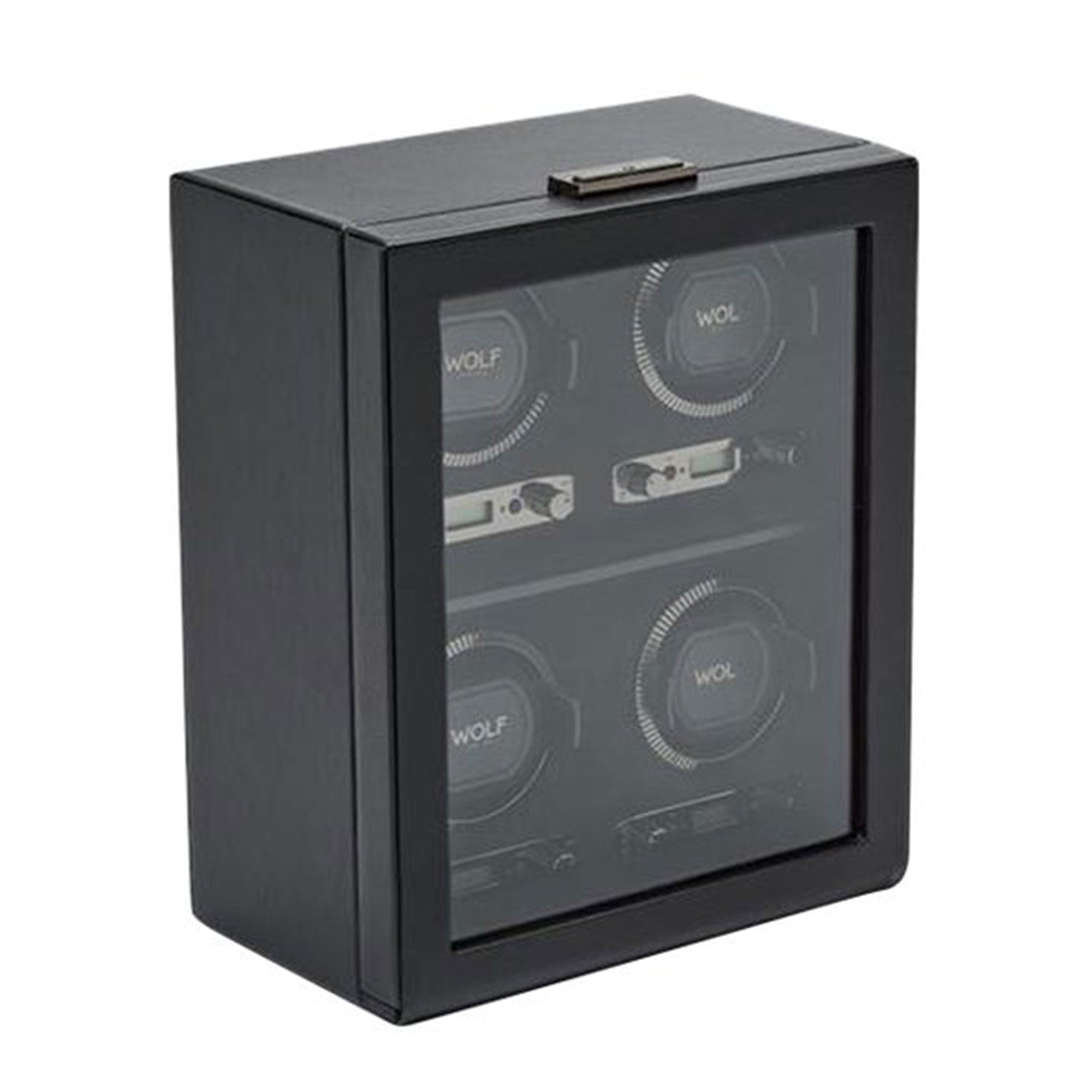 The WOLF 1834 British Racing 4PC Watch Winder, featuring a classic black design and transparent front panel, elegantly displays four slots for holding WOLF brand watches. Its timeless rectangular shape echoes the essence of British Racing style.
