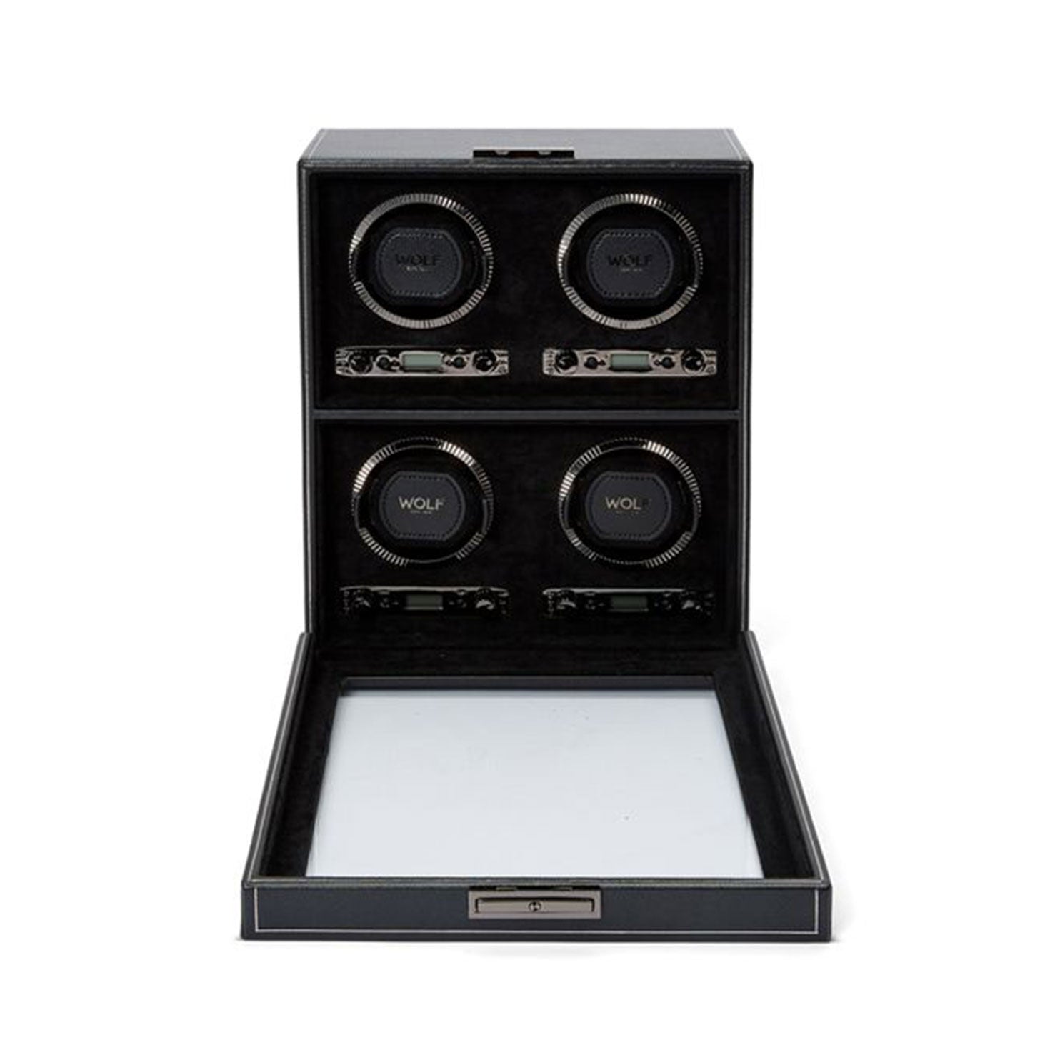 The WOLF 1834 British Racing 4PC Watch Winder is a timeless black device, crafted to hold and wind automatic watches with four compartments. The open case beautifully showcases the winders and control panels beneath each compartment.