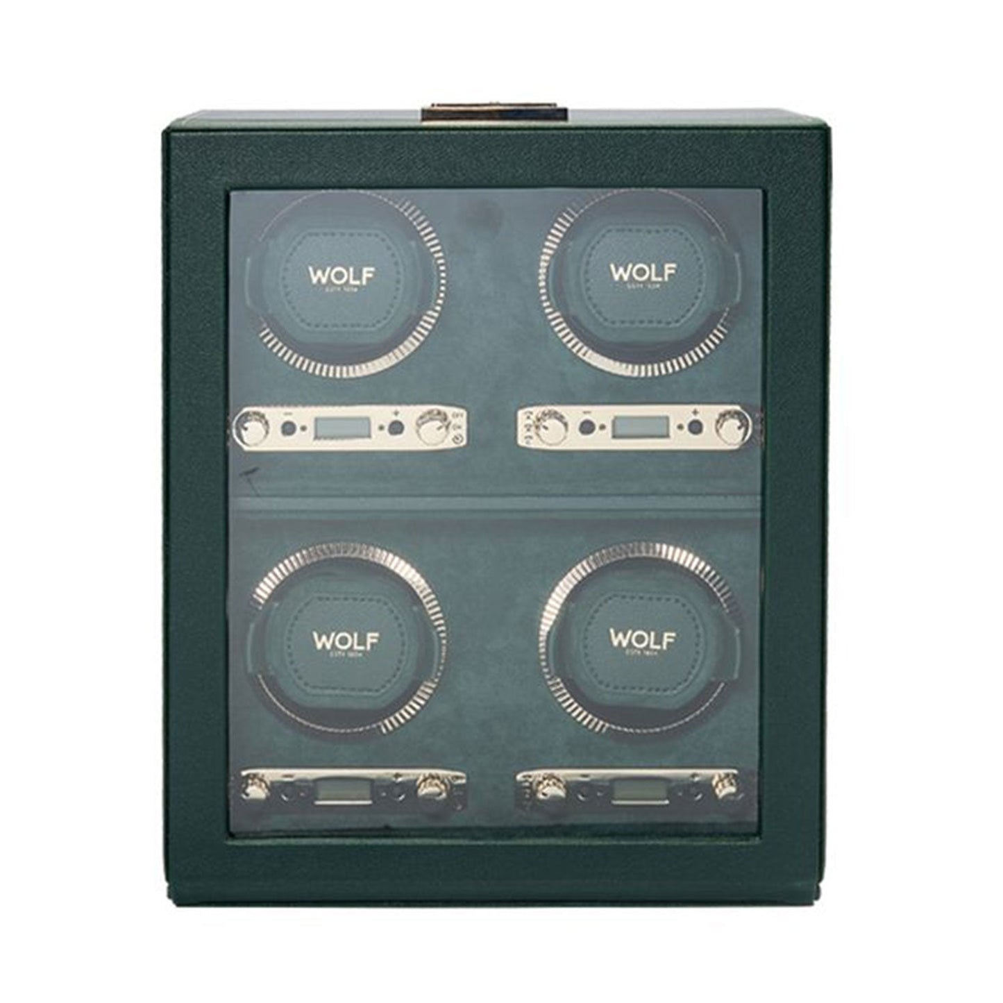 Introducing the WOLF 1834 British Racing 4PC Watch Winder, showcasing a British Racing Green design with a transparent front that elegantly displays four WOLF winders arranged in a 2x2 grid. Each winder is equipped with circular holders and digital controls, beautifully lined in matching green.