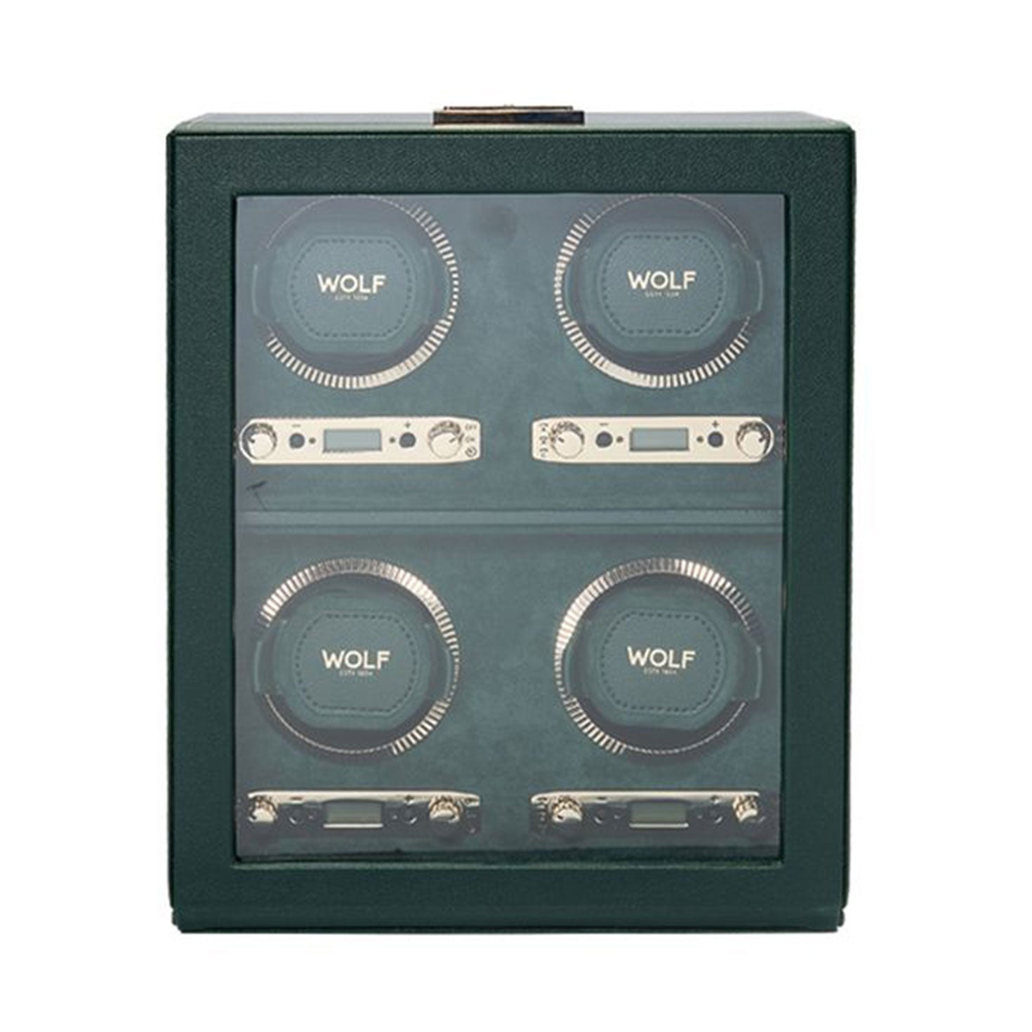 Introducing the WOLF 1834 British Racing 4PC Watch Winder, showcasing a British Racing Green design with a transparent front that elegantly displays four WOLF winders arranged in a 2x2 grid. Each winder is equipped with circular holders and digital controls, beautifully lined in matching green.