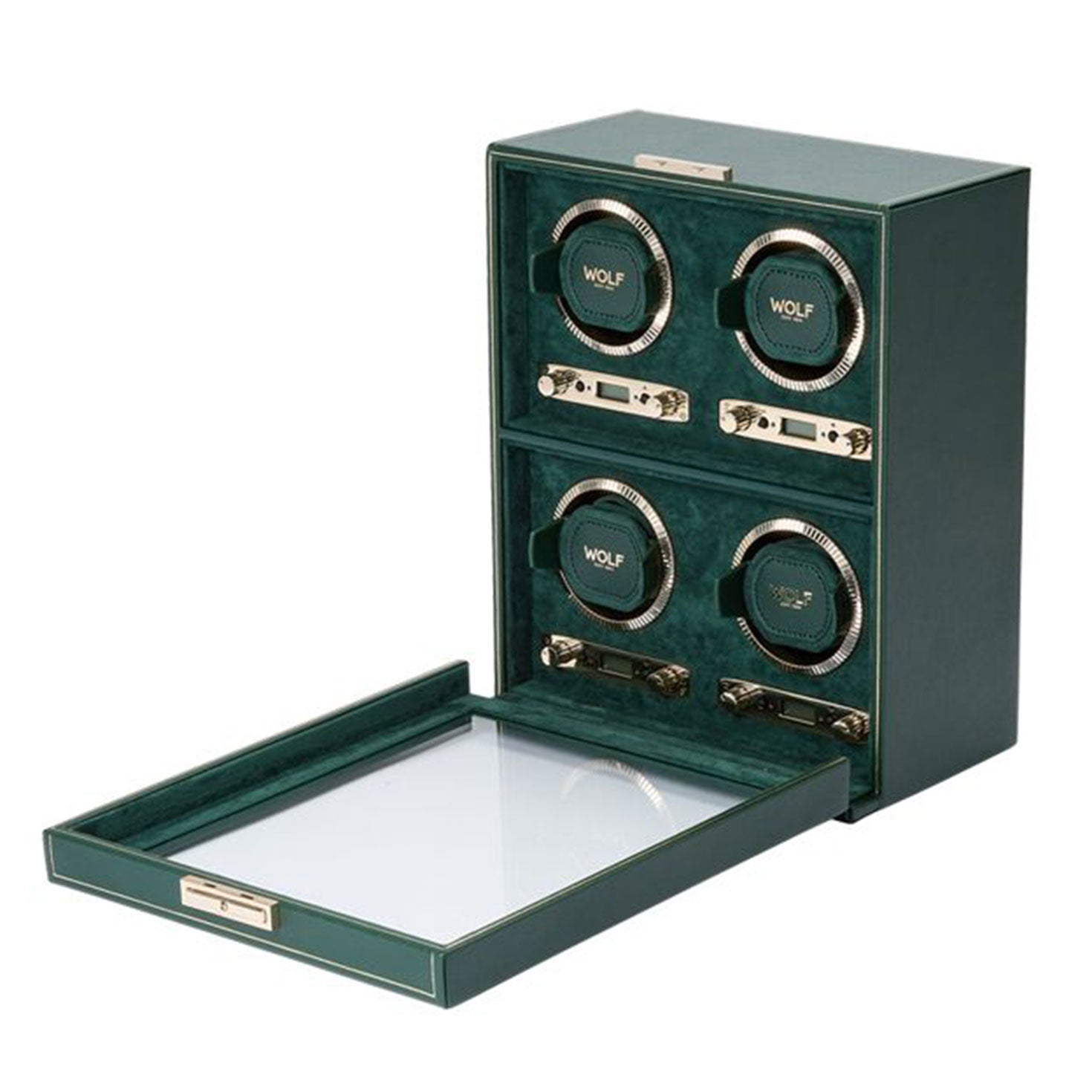 Displayed is the WOLF 1834 British Racing 4PC Watch Winder, a classic green piece with four round winders and two storage compartments. The front panel is open, showcasing a transparent lid that exudes British Racing elegance.