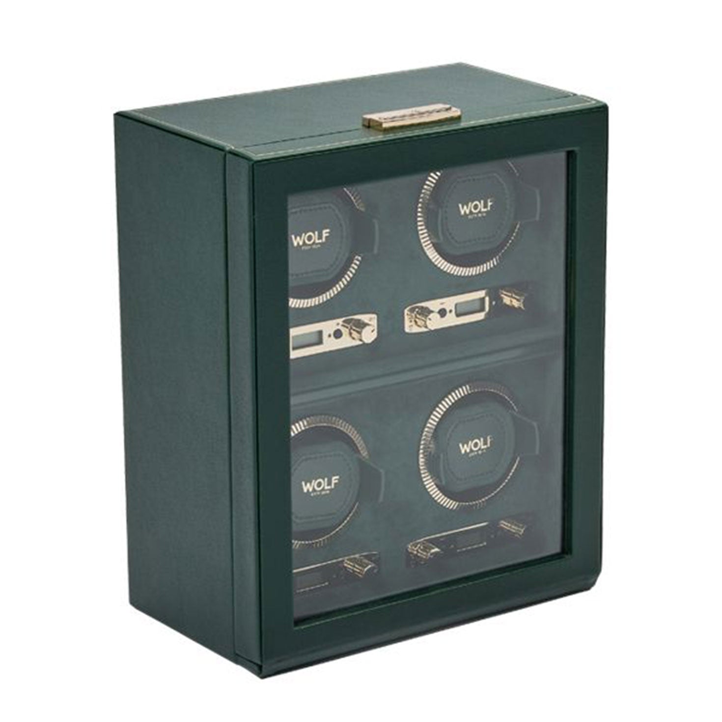 The WOLF 1834 British Racing 4PC Watch Winder, featuring a classic green design with a transparent front, elegantly displays four watch compartments and two gold watches inside. The brand name "WOLF" is prominently visible on the interior mechanisms, adding a touch of British Racing elegance. A small metal clasp adorns the top for added detail.