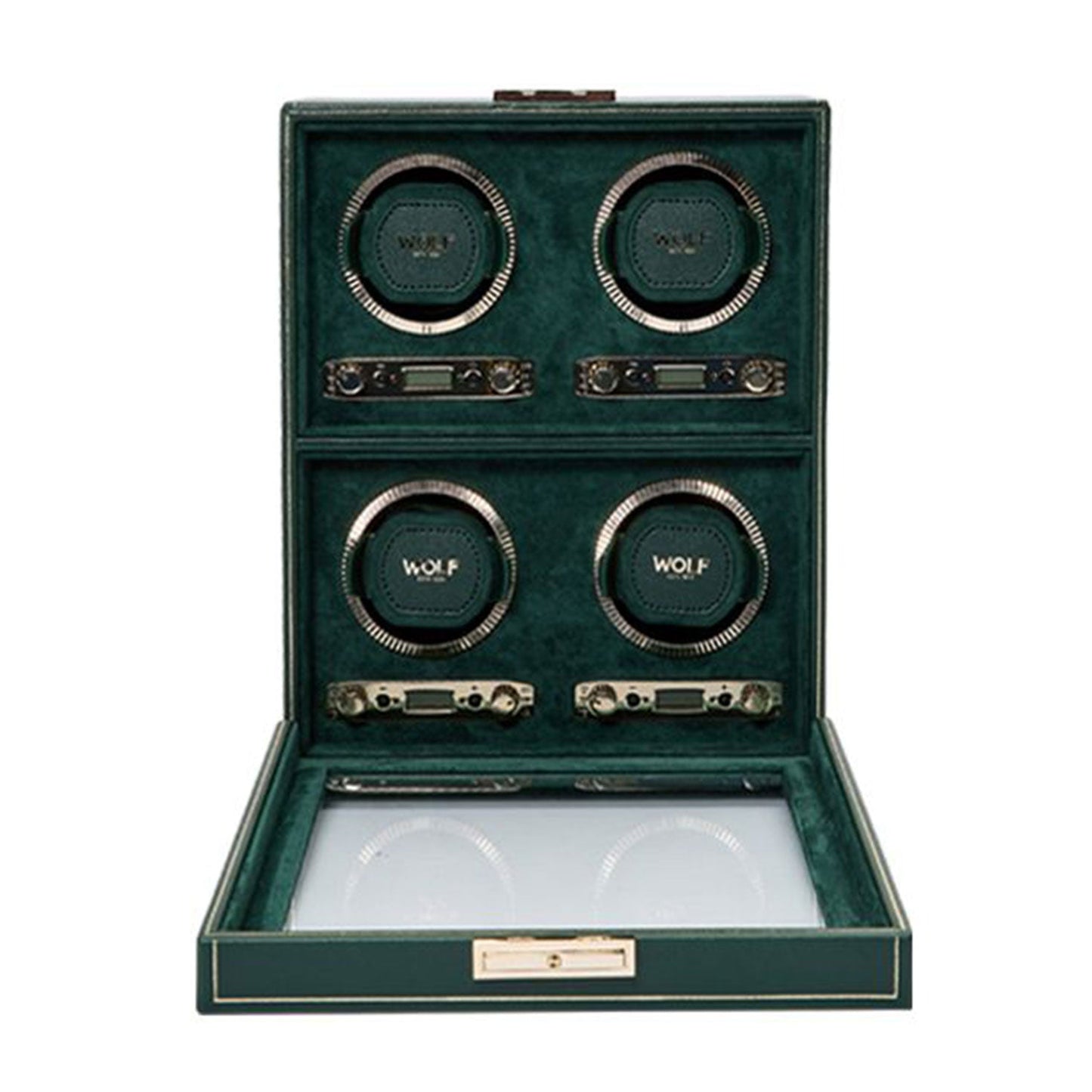 The WOLF 1834 British Racing 4PC Watch Winder is a timeless green box designed to hold four watches, each with its own circular holder. The brand "WOLF" is prominently showcased, and the interior is lined with a soft material to protect your watches, capturing the essence of British Racing elegance.