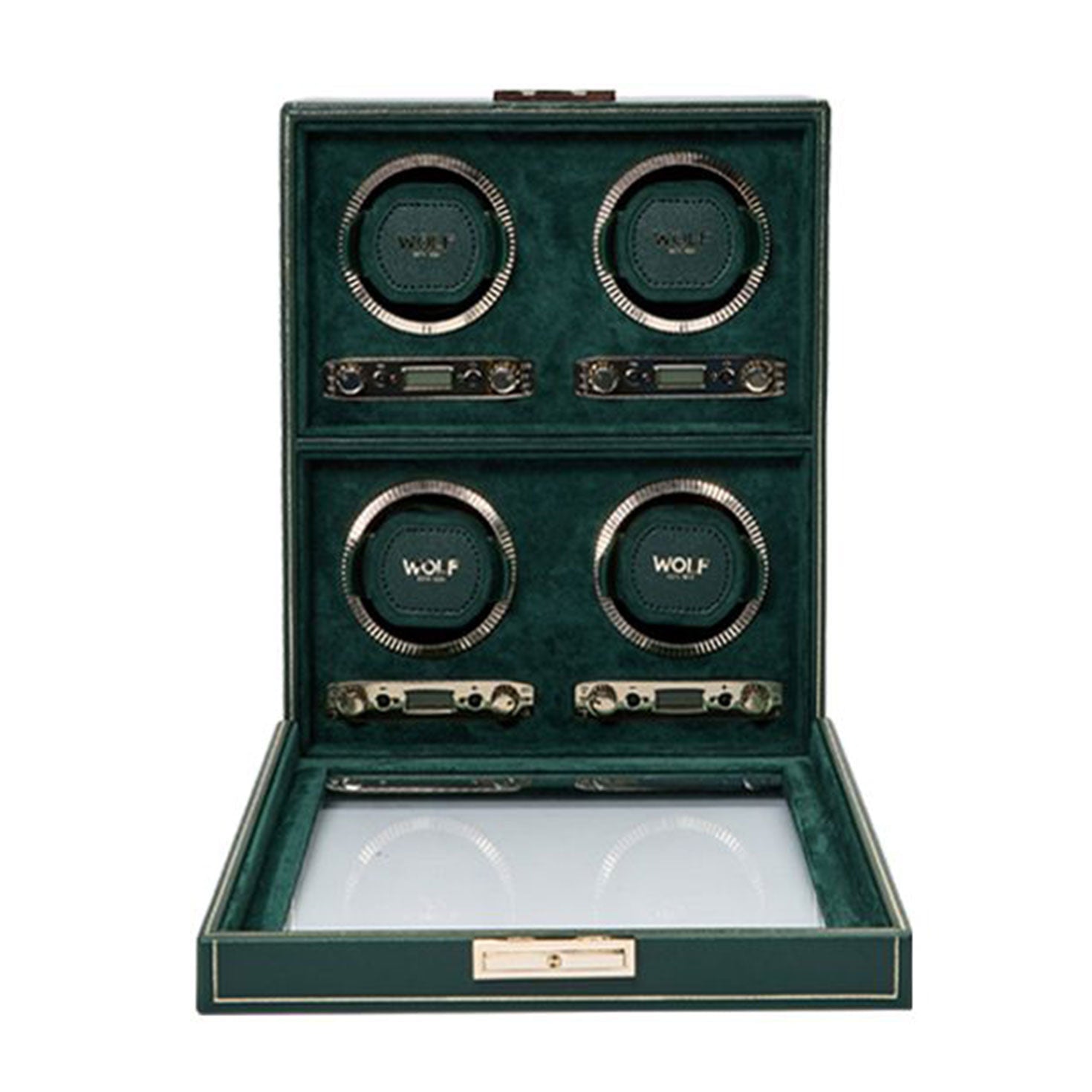 The WOLF 1834 British Racing 4PC Watch Winder is a timeless green box designed to hold four watches, each with its own circular holder. The brand "WOLF" is prominently showcased, and the interior is lined with a soft material to protect your watches, capturing the essence of British Racing elegance.