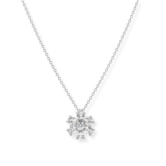 A delicate Raffi&Co.® 14K White Gold Diamond Necklace Pendant featuring a sparkling, snowflake-shaped design adorned with multiple small clear diamonds of F/G color and VS1-VS2 clarity, displayed on a white background.