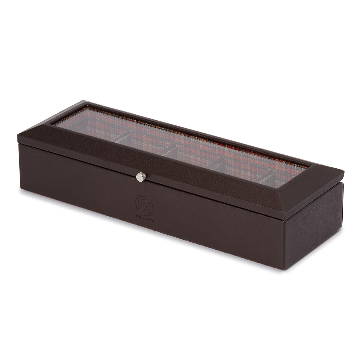 The WOLF 1834 WM Brown 5 Piece Watch Box, crafted from brown leather and featuring a glass top, elegantly displays its interior compartments. Adorned with a silver button latch, this refined product from the WOLF collection stands gracefully against a plain white background.