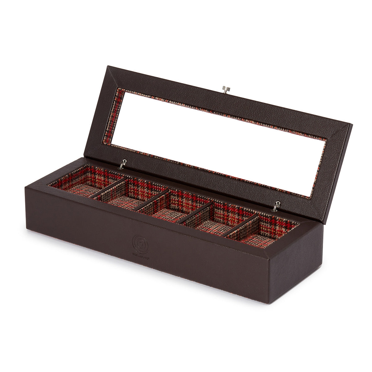 The WOLF 1834 WM Brown 5 Piece Watch Box is a sophisticated brown leather accessory featuring a glass lid that reveals five compartments lined with red plaid fabric, showcasing the elegant collaboration between WOLF and WM Brown.
