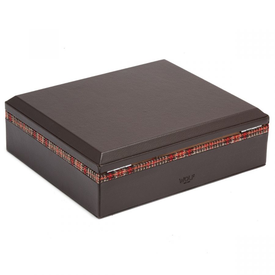 This brown, closed square box with a textured edge design in red and tan is part of the exclusive WOLF 1834 WM Brown Humidor collection by WOLF.