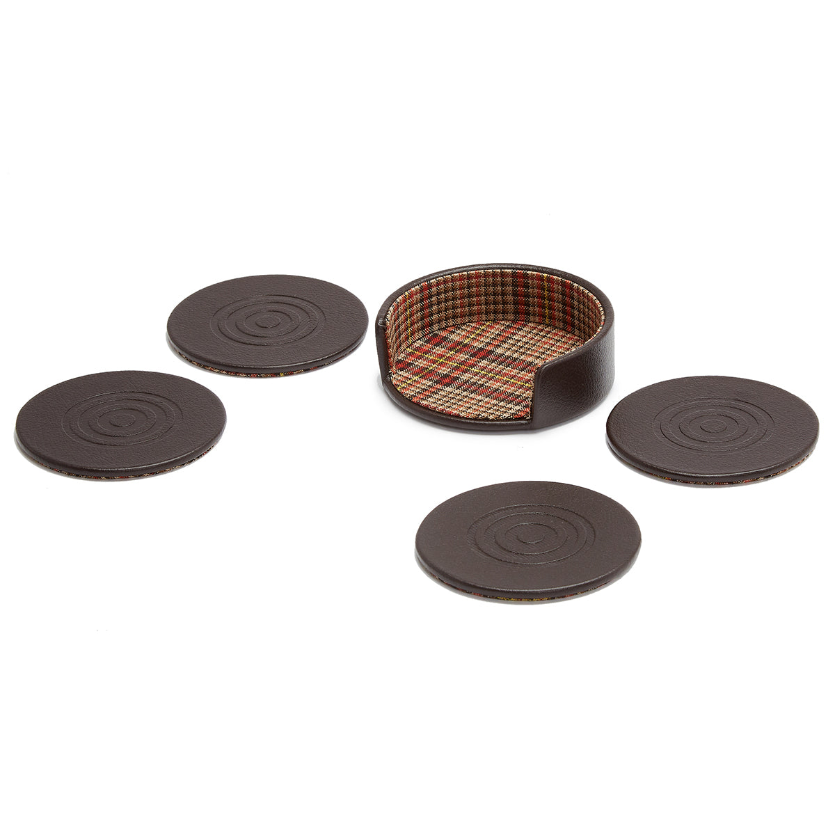 The WOLF 1834 WM Brown Set of 4 Coasters with Case includes four leather coasters adorned with spiral patterns, along with a matching holder. The holder is lined with plaid fabric and incorporates an open side for convenient access to the coasters, drawing inspiration from WOLF designs.