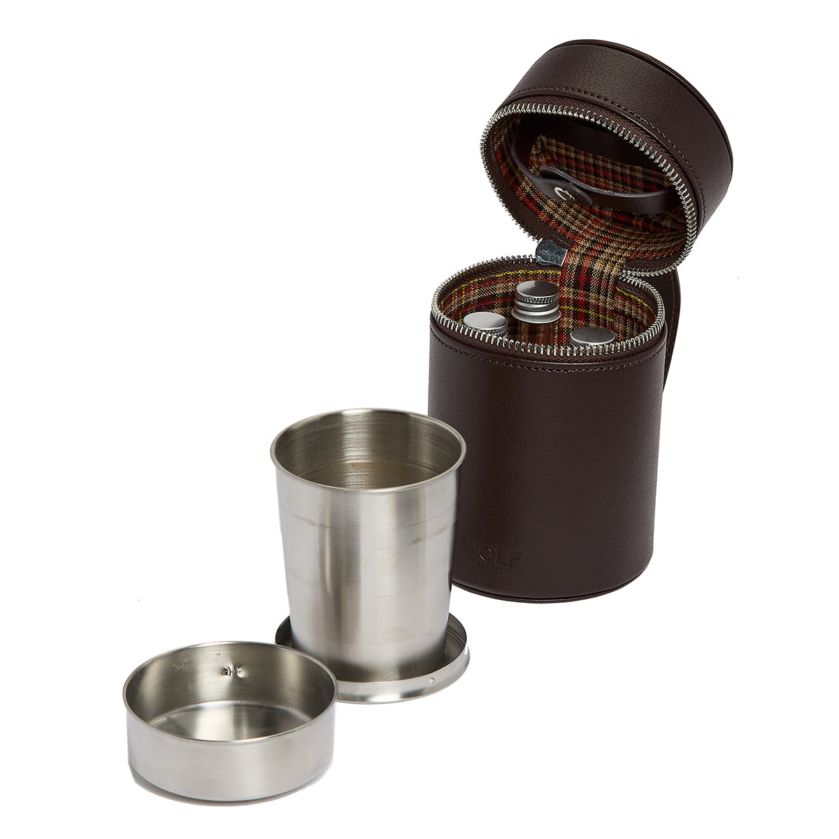 A stainless steel collapsible cup set with a lid is paired with an elegant WOLF 1834 WM Brown leather carrying case. The open top showcases a plaid interior, ideal for holding the WOLF 1834 Negroni Astuccio Beverage. Featuring a zip closure, the case keeps your essentials secure and stylish.