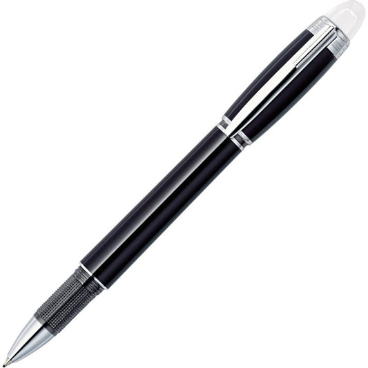 A stylish Montblanc StarWalker Fineliner Pen, showcasing a black finish with silver details, a textured grip section, and a shiny silver clip, placed diagonally on a plain white background.