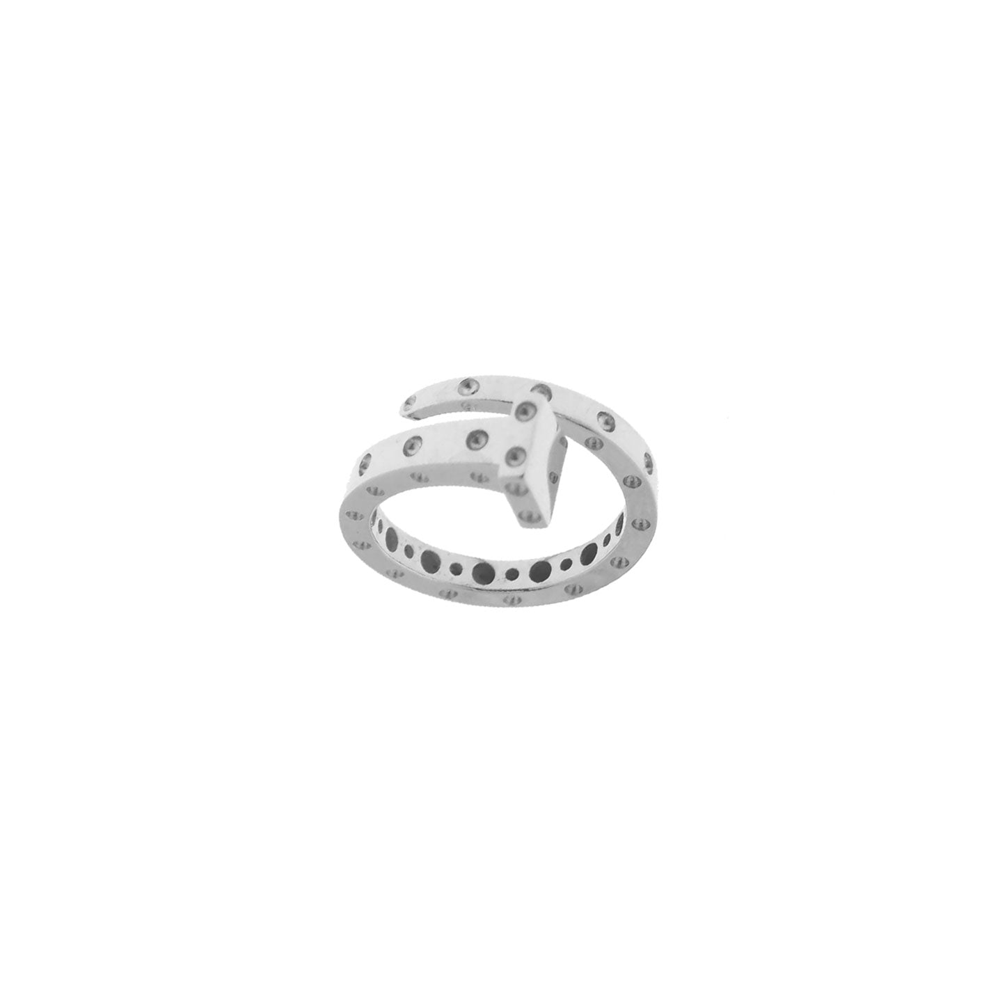 Explore the exquisite craftsmanship of the Roberto Coin 18K White Gold Diamond Chiodo Ring, a contemporary and minimalistic piece with an open-ended design. Its surface is adorned with small round diamond accents, offering a subtle elegance. Captured against a stark white backdrop, this ring is undeniably enchanting.