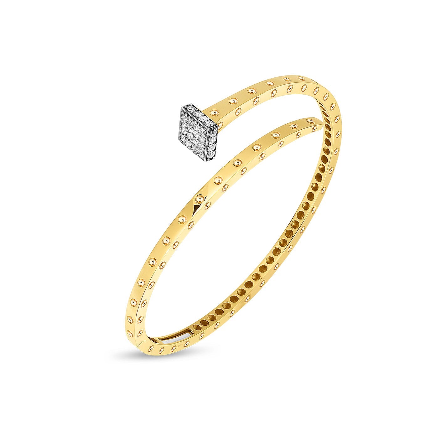 The Roberto Coin Pois Moi Chiado 18K White and Rose Gold Diamond Bangle is a finely crafted bracelet featuring a slender, round shape accented with small studs. This elegantly designed piece showcases an open square end embellished with a cluster of diamonds, offering a lightweight and sophisticated allure.