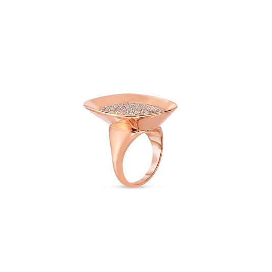 An exquisite piece, the Roberto Coin Carnaby Street Small 18K Rosé Gold Diamond Ring features a wide, square-shaped top and textured surface. This modern and elegant design showcases a polished finish that embodies sophistication. The ring is elegantly presented against a plain white background.