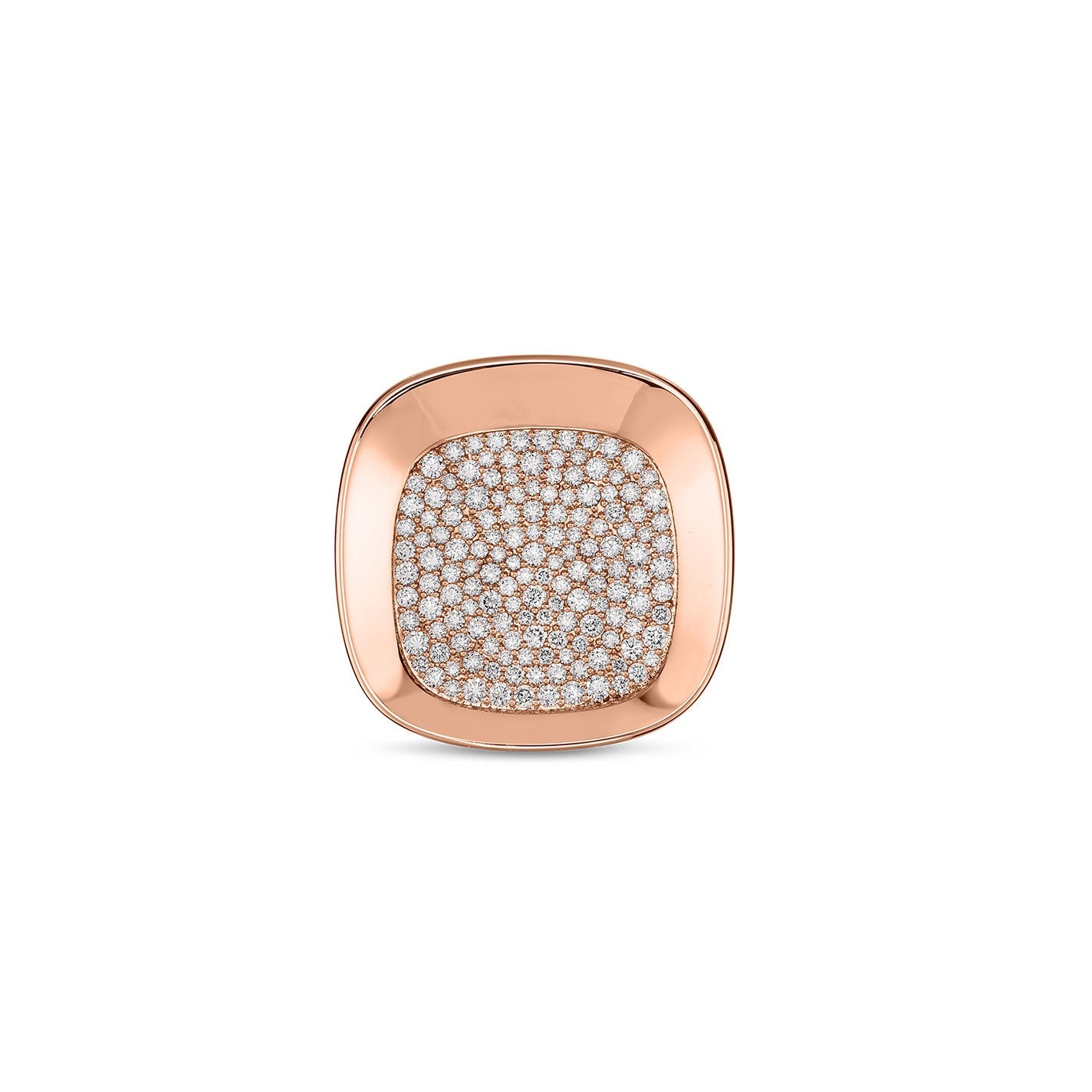 The Roberto Coin Carnaby Street Small 18K Rosé Gold Diamond Ring, designed by Roberto Coin, is a luxurious square-shaped piece with rounded edges. It is lavishly adorned with numerous small, sparkling diamonds arranged in a gradual pattern, epitomizing sophistication and timeless charm.