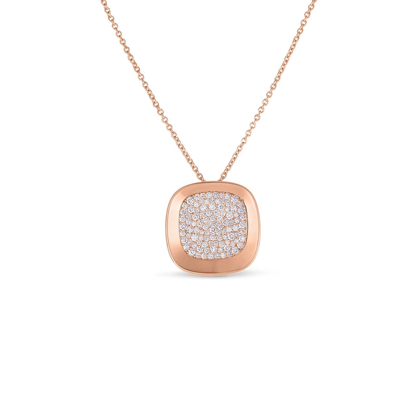 Discover sophistication with the Roberto Coin 18K Rosé Gold Small Diamond Necklace Pendant. Featuring a square charm adorned with brilliant diamonds, the exquisite charm is beautifully highlighted by the delicate chain that stands out against a plain white backdrop, exemplifying Roberto Coin's renowned craftsmanship.