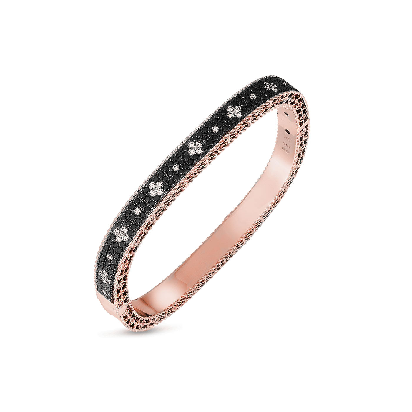 Introducing the Roberto Coin Slim 18K Rose Gold Bangle, a masterpiece by Roberto Coin featuring a textured black exterior embellished with small, sparkling round diamonds in floral patterns. The smooth interior beautifully contrasts with the intricate outer design, capturing the elegance of Fleur De Lis Diamonds.