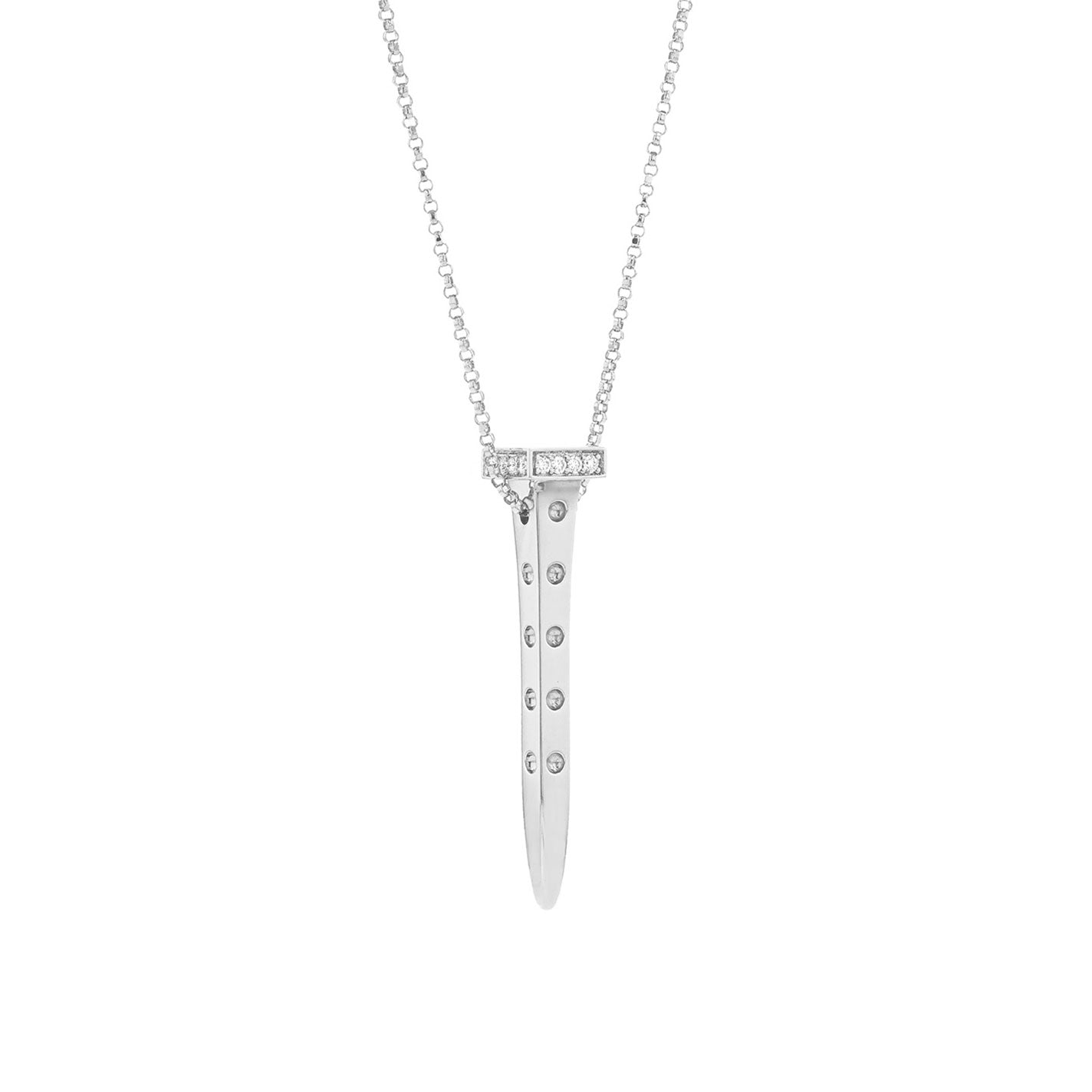 The Roberto Coin Pois Moi 18K White Gold Diamond Necklace Pendant exudes timeless beauty, featuring a nail-shaped pendant adorned with small diamonds along its length, gracefully suspended from a delicate chain.