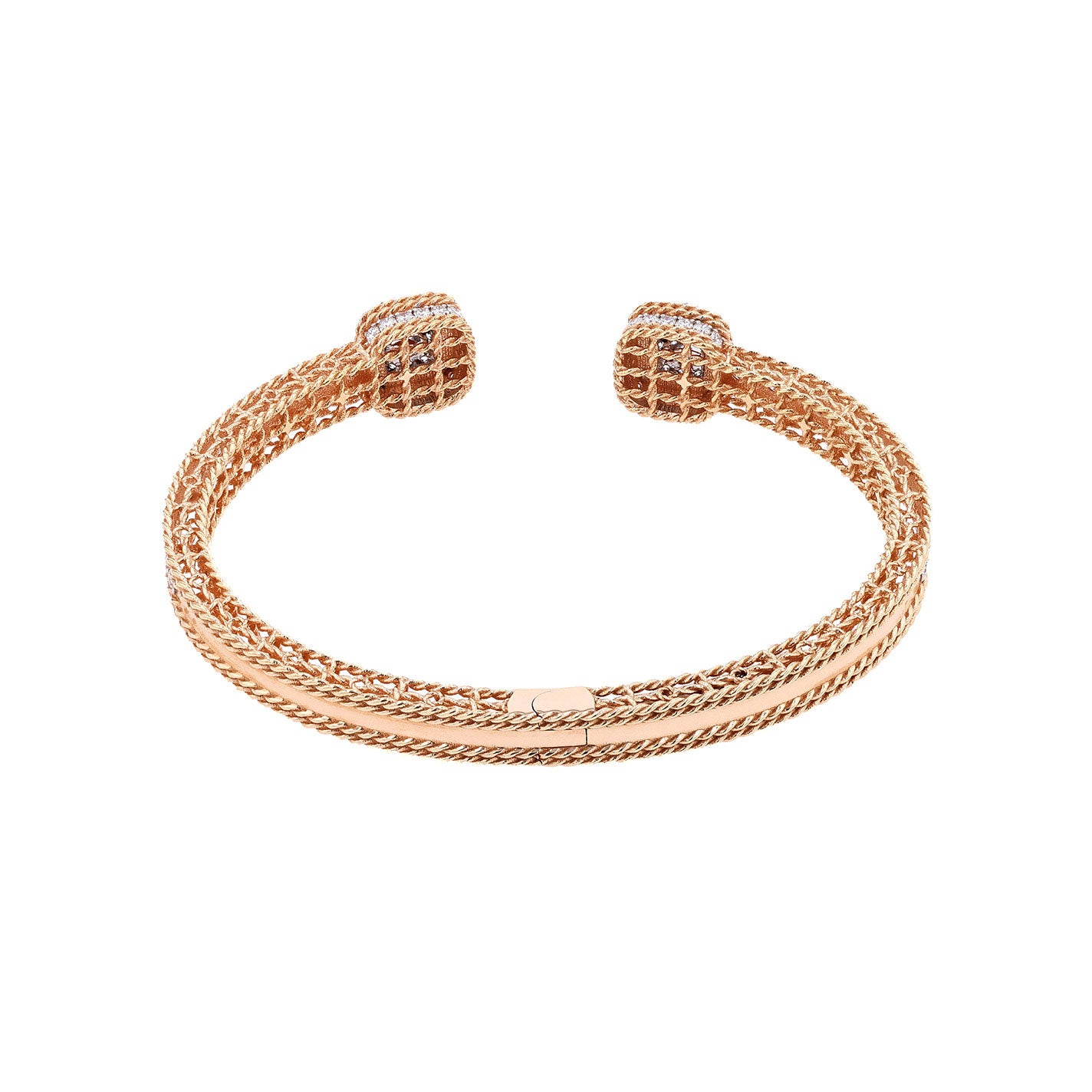 The Roberto Coin 18K Rose Gold Roman Barocco Diamond Dome End Bangle showcases an intricate woven design, highlighted by two rounded, textured ends.