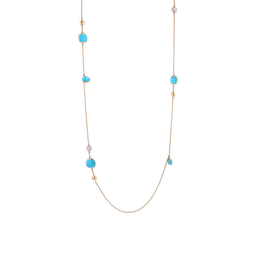 The Roberto Coin 18K Rose Gold Diamond and Turquoise Necklace features a minimalist design with turquoise stones and small diamond-like accents evenly distributed along its delicate chain, offering a simple yet elegant style.