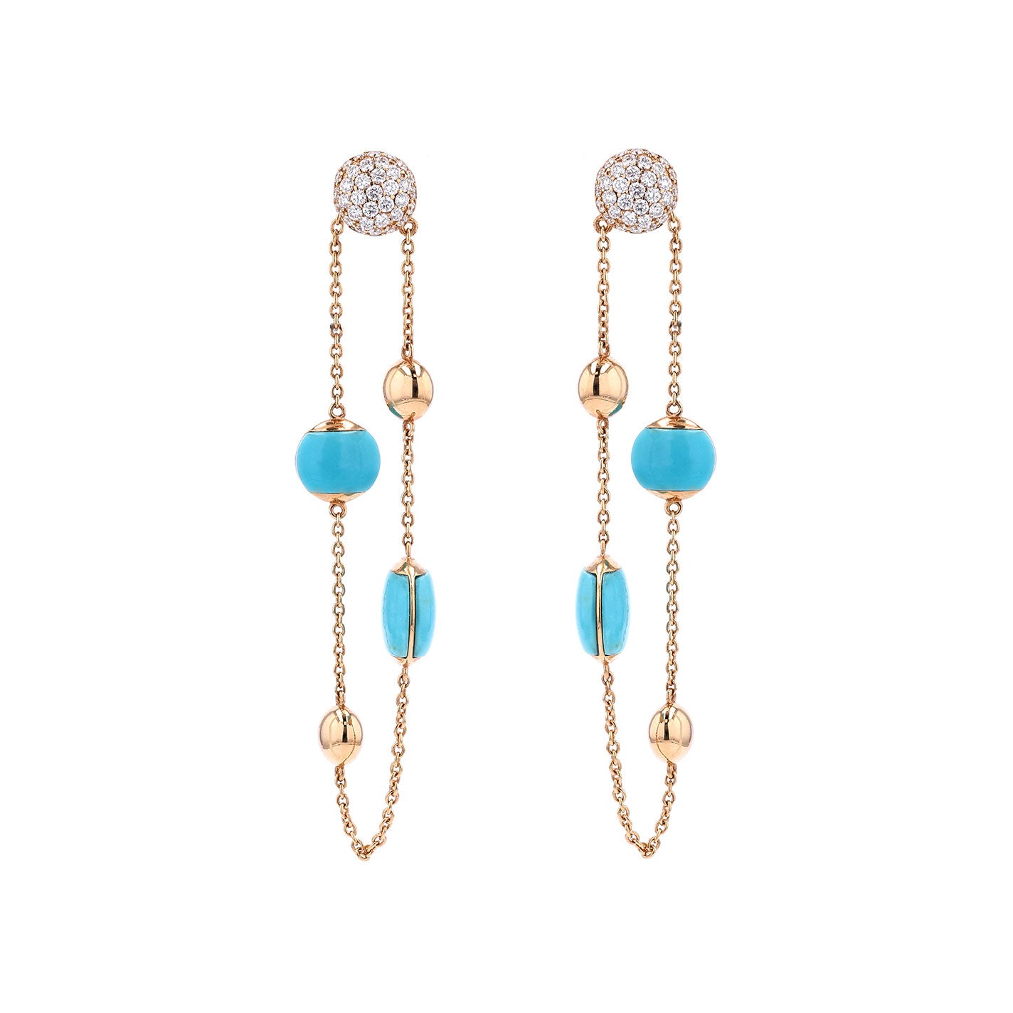 The Roberto Coin Art Deco 18K Rose Gold Diamond and Turquoise Drop Earrings by Roberto Coin showcase sparkling studs at the top, with chains adorned with alternating gold spheres and turquoise beads, resulting in an elegant and colorful design.