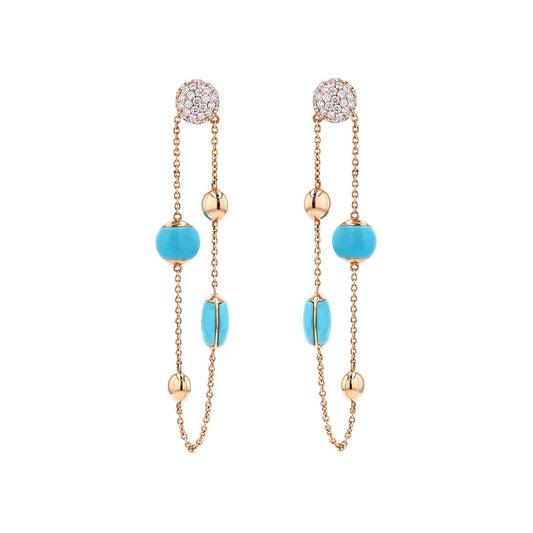 The Roberto Coin Art Deco 18K Rose Gold Diamond and Turquoise Drop Earrings by Roberto Coin showcase sparkling studs at the top, with chains adorned with alternating gold spheres and turquoise beads, resulting in an elegant and colorful design.