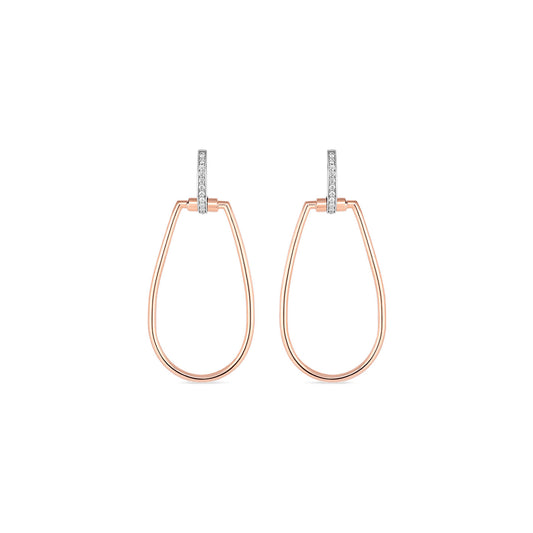 The Roberto Coin Classica Parisienne 18K Rose and White Gold Diamond Accent Hoop Earrings elegantly combine teardrop-shaped rose gold hoops with a diamond-studded loop, showcasing a harmonious blend of two-tone metal finishes and minimalist styling.