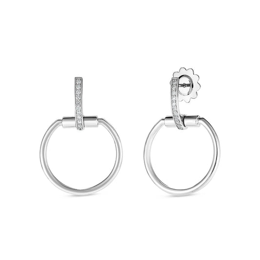 Introducing the Roberto Coin Classica Parisienne 18K White Gold Diamond Door-Knocker Hoop Earrings, a stunning pair featuring vertical bars adorned with small diamonds at the top. These earrings showcase a polished circular design that is beautifully enhanced by a textured floral-like backing, evoking the elegance of classic drop earrings. The image provides both front and back views.