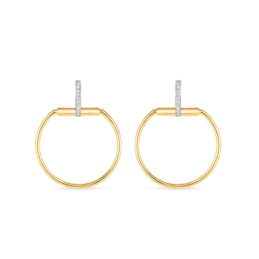 The Roberto Coin Classica Parisienne 18K Yellow Gold Diamond Door-Knocker Hoop Earrings, featuring vertical silver bars embellished with diamond-like stones, exude a chic Parisian flair against a plain white background.