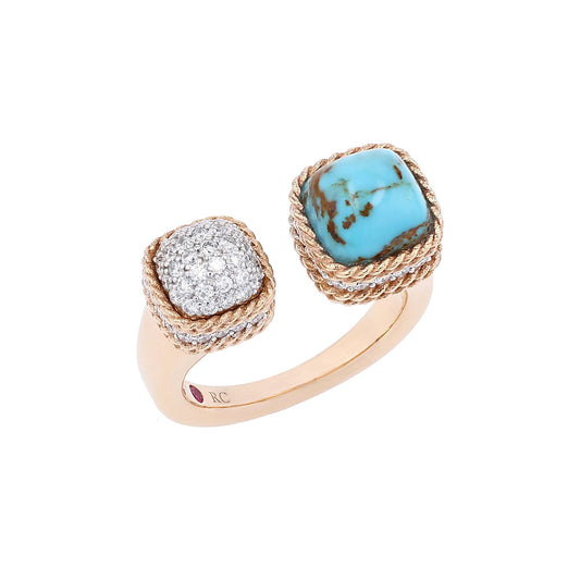 The Roberto Coin 18K Rose and White Gold Turquoise and Diamond Ring features an exquisite design with two stones: a captivating turquoise and elegantly shimmering diamonds, both beautifully set in twisted gold bezels.