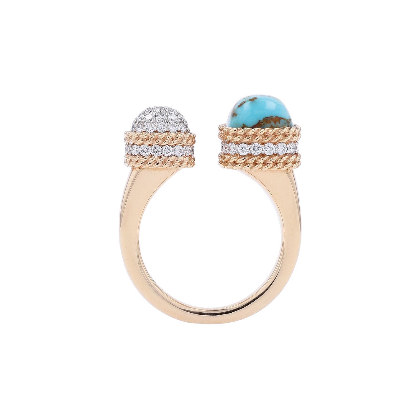 The Roberto Coin 18K Rose and White Gold Turquoise and Diamond Ring presents a captivating turquoise stone on one end and a cluster of brilliant diamonds on the other. The band is adorned with an intricate rope-like design that enhances its timeless elegance.